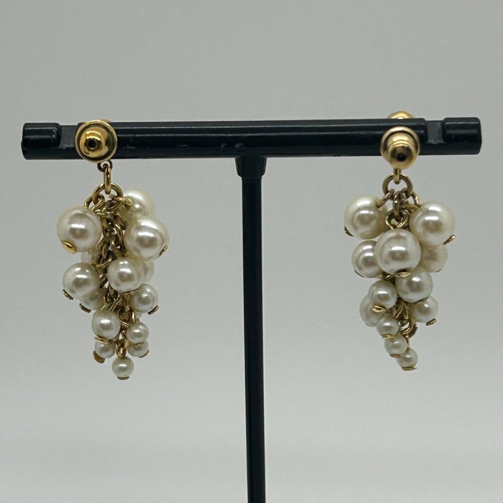 Vintage Faux Pearl Cluster Earrings Gold-Tone Dangle Wedding Prom Elegant - Picture 11 of 14